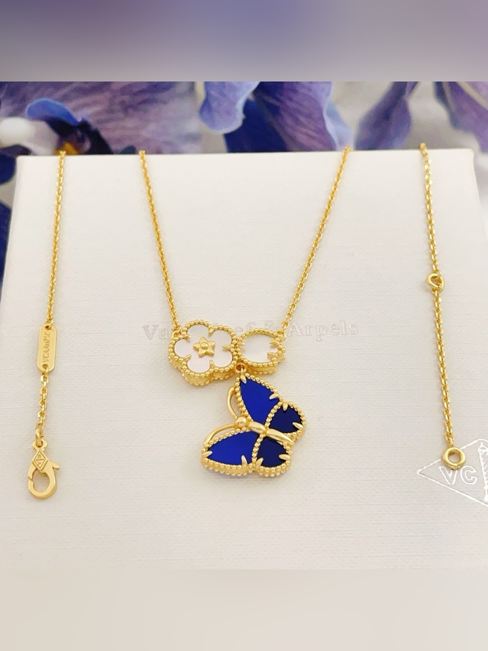 Van Cleef & Arpels Gold Necklace with Blue Butterfly and White Flower